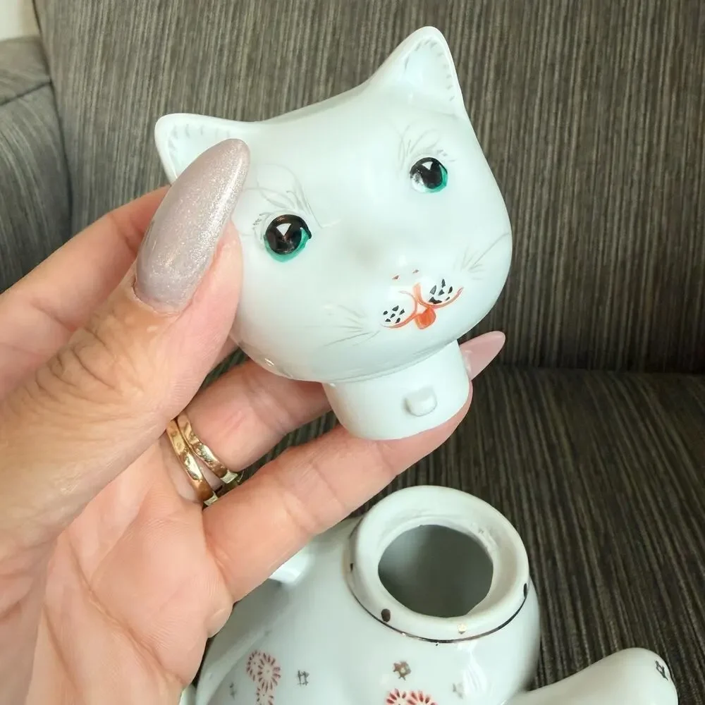 Kitty Cat Teapot White Ceramic China Floral Personal Tea Pot Vintage 6.5 Inch
